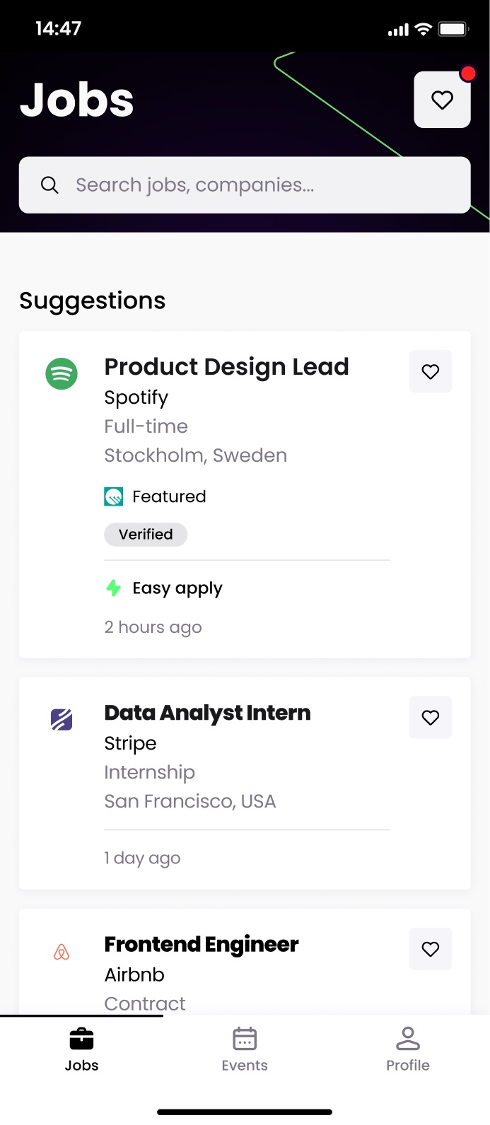 JobTeaser mobile app, Jobs home