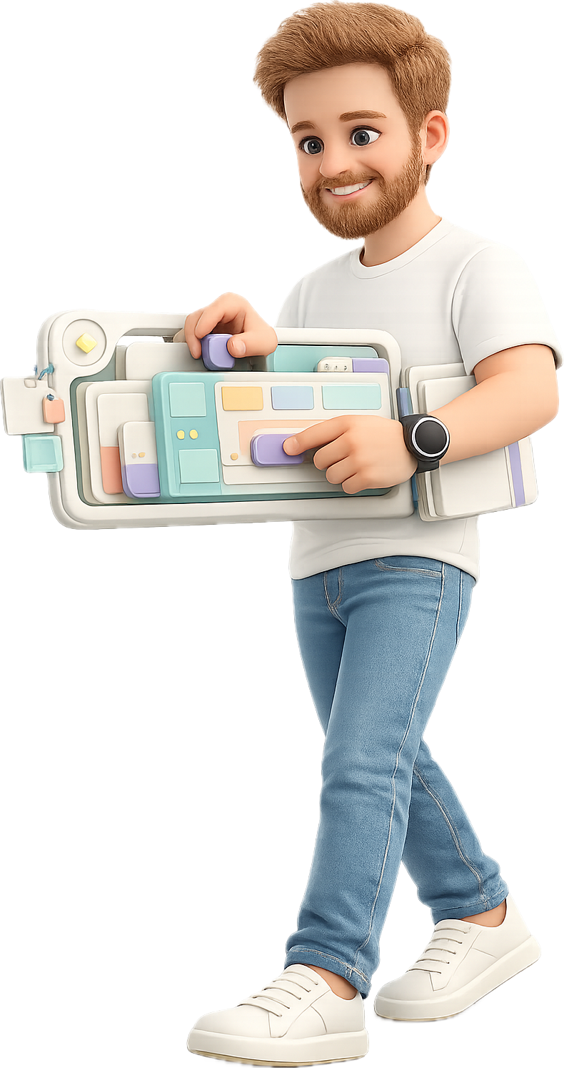 A 3D illustration of Tanguy carrying a stack of app screens and design-system components