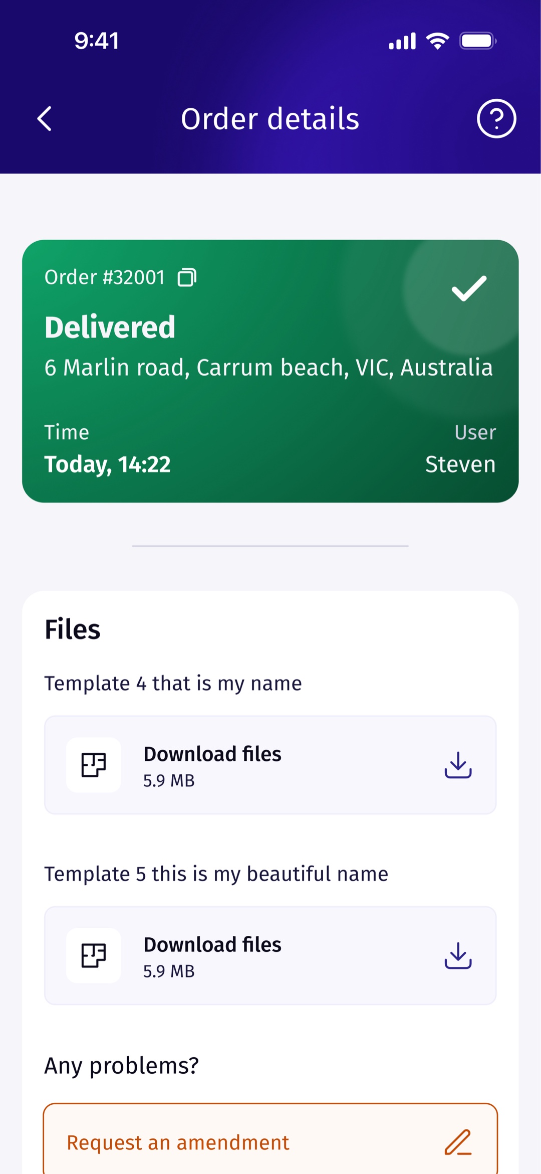 Roomio delivered order screen with downloadable files