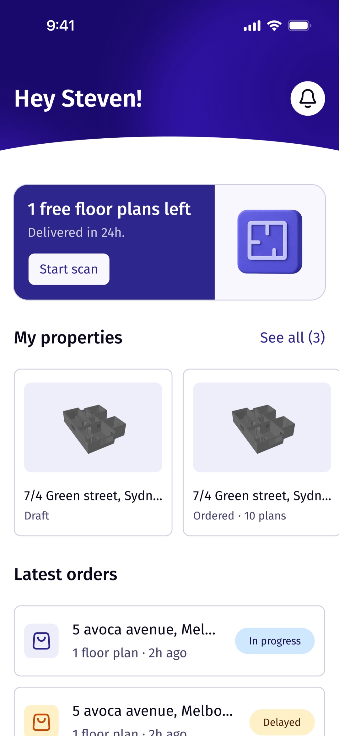 The Roomio home dashboard with properties and live order statuses