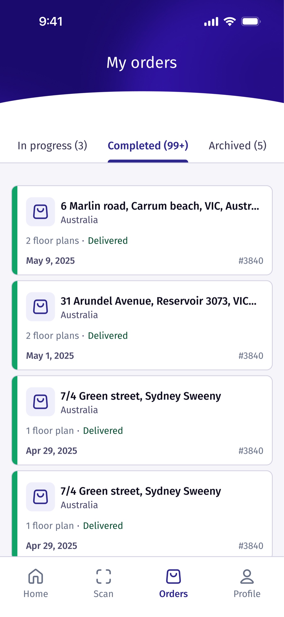 The Roomio completed orders list