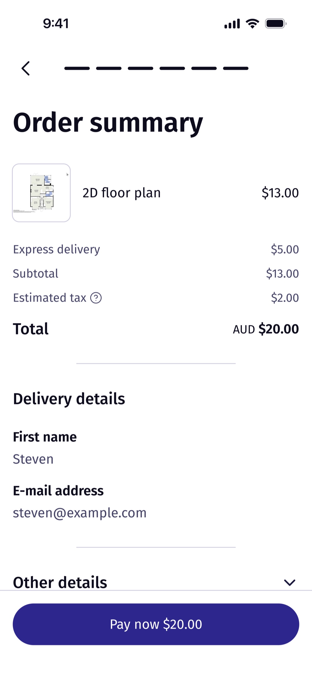 Roomio order summary and pricing screen