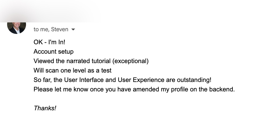 A customer email praising the Roomio experience, name redacted