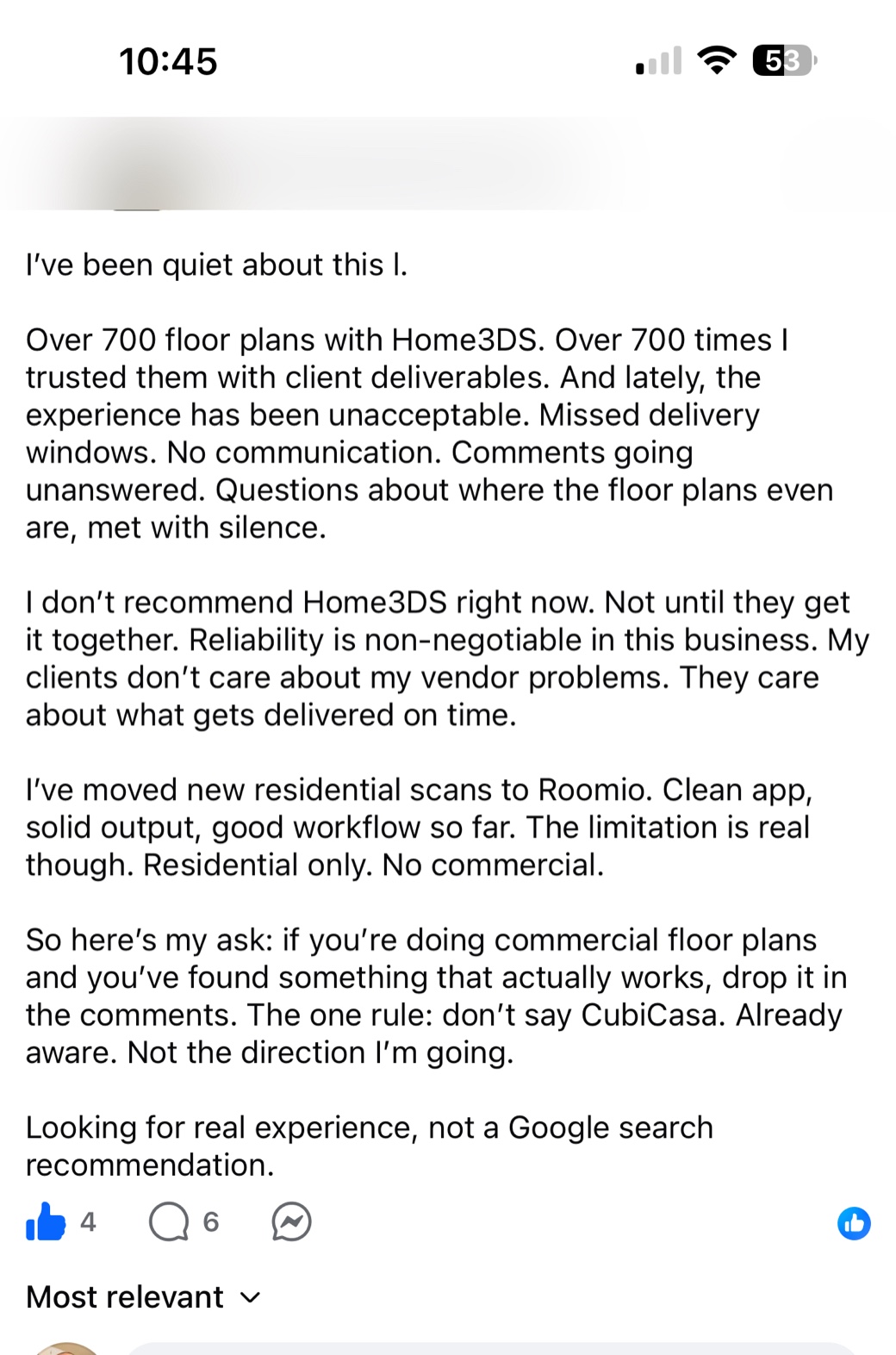 A property photographer recommending the switch to Roomio in a Facebook community, name redacted
