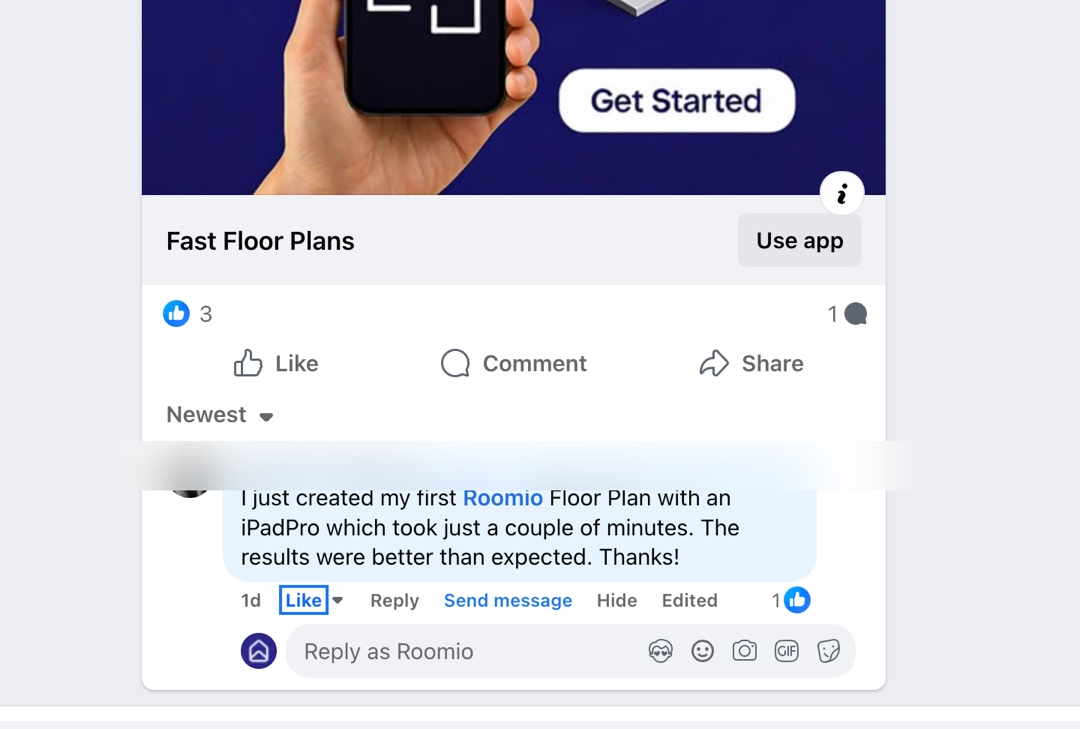 A user posting that their first Roomio floor plan was better than expected, name redacted