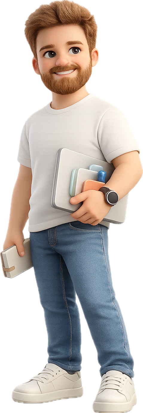 A 3D illustration of Tanguy holding a laptop, phone and design tools