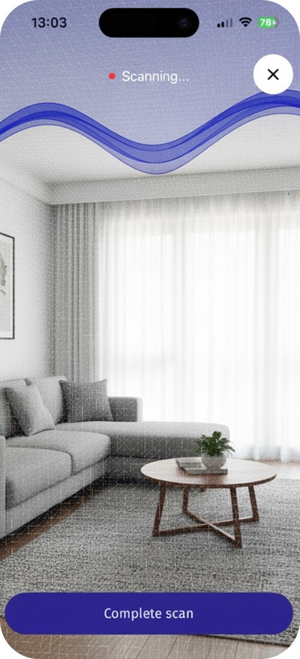 Roomio AR scanning screen, capturing a living room with the iPhone