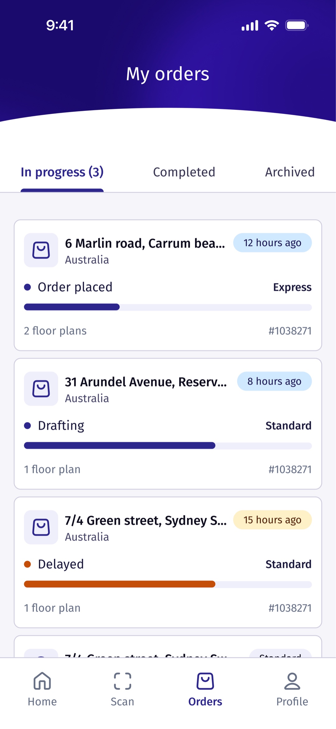 Roomio orders list, tracking the live status of each scan